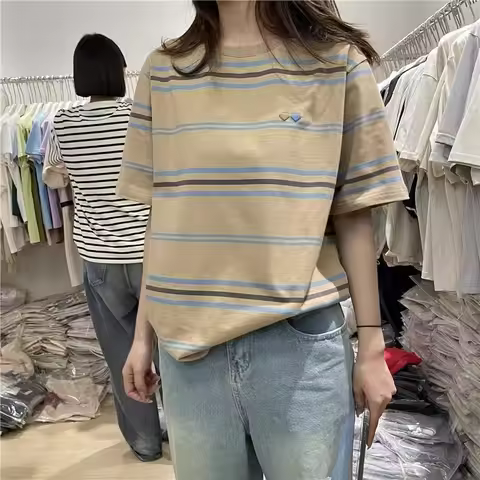 女装美式靓丽撞色条纹短袖T恤夏季宽松休闲百搭时尚上衣