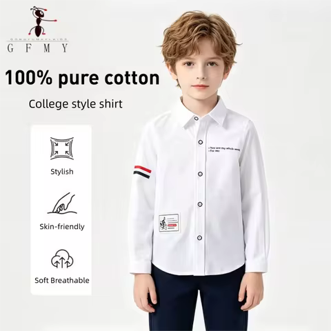 2026春夏100%棉全袖男童白衬衫3T-14T儿童休闲校服拼布上衣青少年衬衫9002