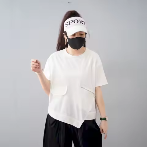 90%棉T恤女时尚不规则设计T恤休闲宽松半袖套头上衣春夏潮流T恤