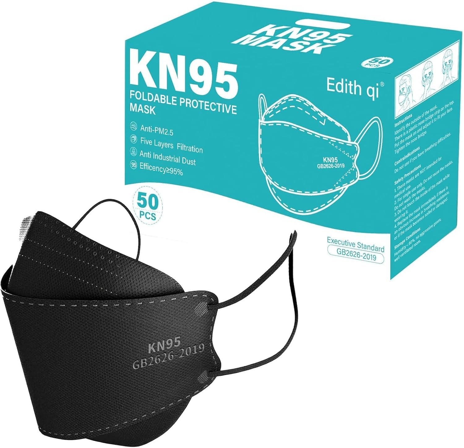 KN95 口罩 50 片，独立包装，5 层黑色成人一次性口罩过滤效率 95%，防护 PM 2.5 烟雾颗粒