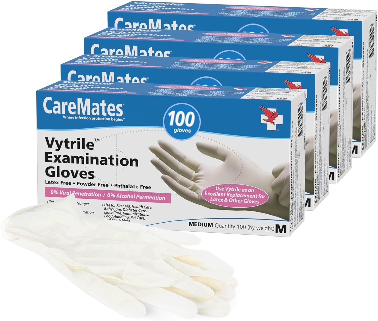 CareMates 医疗检查手套，无粉，超强，经过家庭输液、急救、食品安全、清洁手套认证